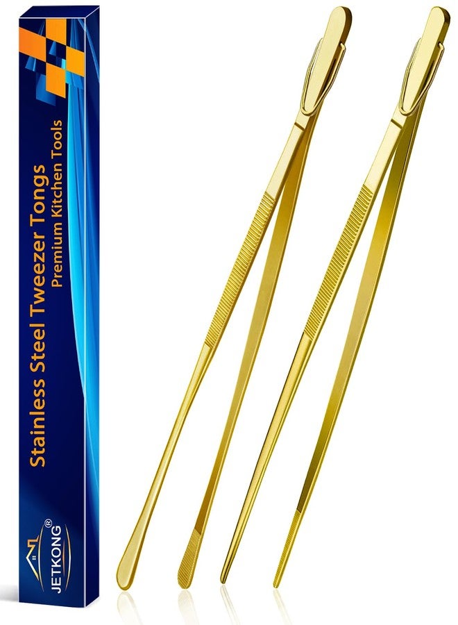 JETKONG 2 Pcs 12-Inch Cooking Tweezers Stainless Steel Food Tweezers Kitchen Tweezer Tongs (Gold) - Image 1
